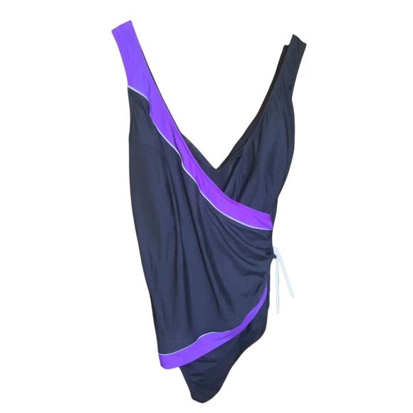 Longitude Womens One Piece Black & Purple Low Cut Front & Back Swimsuit Size 22W - Picture 1 of 6